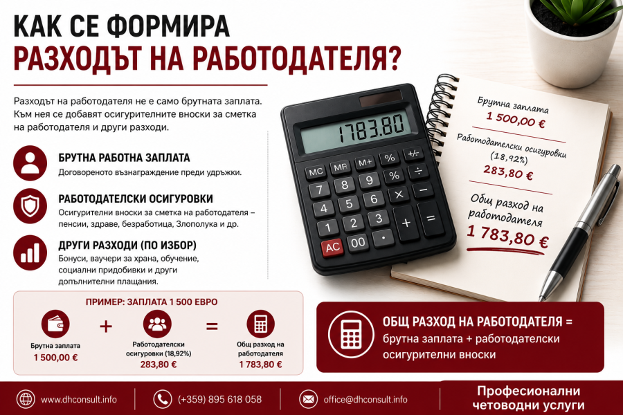 Как се формира разходът на работодателя – пример с изчисление Как се формира разходът на работодателя – инфографика за брутна заплата, работодателски осигуровки и общ разход за служител