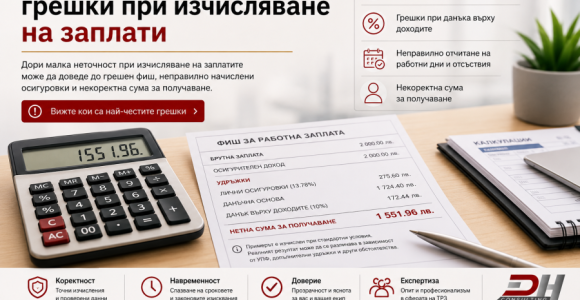 Най-често срещани грешки при изчисляване на заплати и как да ги избегнете Най-често срещани грешки при изчисляване на заплати – неправилни осигуровки, данък, работни дни и нетна сума.