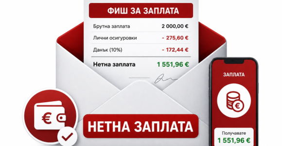 Нетна заплата 2026 – пример за изчисление Нетна заплата 2026 – инфографика с пример за изчисляване на брутна заплата, осигуровки, данък и нетна сума