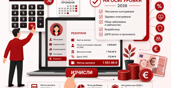 Калкулатор за изчисляване на осигуровки Изчисляване на осигуровки през 2026 година – калкулатор за нетна заплата, осигурителен доход и работодателски разход