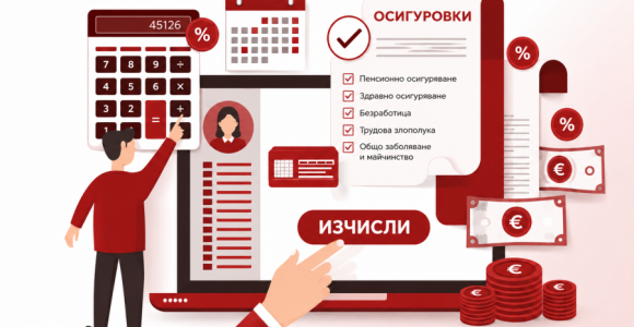 Изчисляване на осигуровки през 2026 г. Изчисляване на осигуровки през 2026 г. – илюстрация на изчисляване на осигурителни вноски, данък и нетна работна заплата.