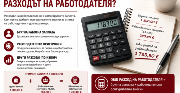 Как се формира разходът на работодателя – пример с изчисление Как се формира разходът на работодателя – инфографика за брутна заплата, работодателски осигуровки и общ разход за служител