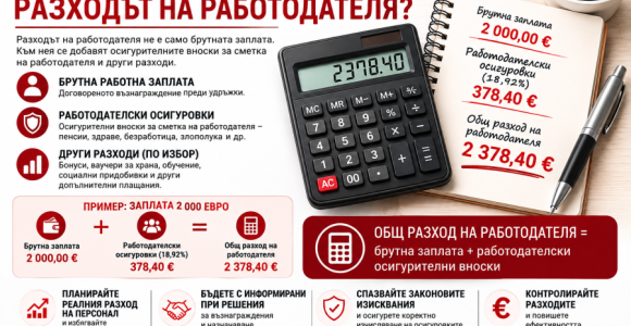 Как се формира разходът на работодателя – брутна работна заплата, работодателски осигуровки и общ работодателски разход.